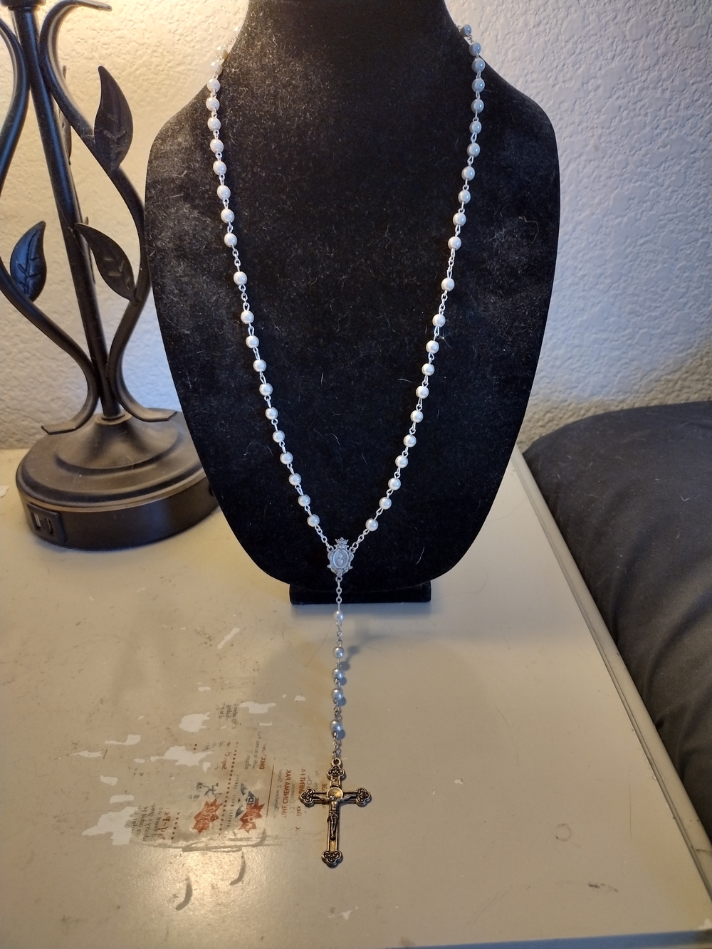 Pearl Rosary Necklace with Cross Pendant - White